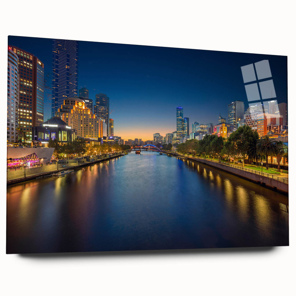Large abstract depiction of Melbourne skyline in muted blue and gray tones on acrylic glass.