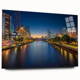 Large abstract depiction of Melbourne skyline in muted blue and gray tones on acrylic glass.