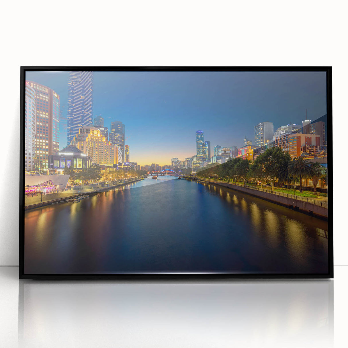 Large abstract wall art depicting Melbourne skyline in muted gray and blue tones on framed acrylic.