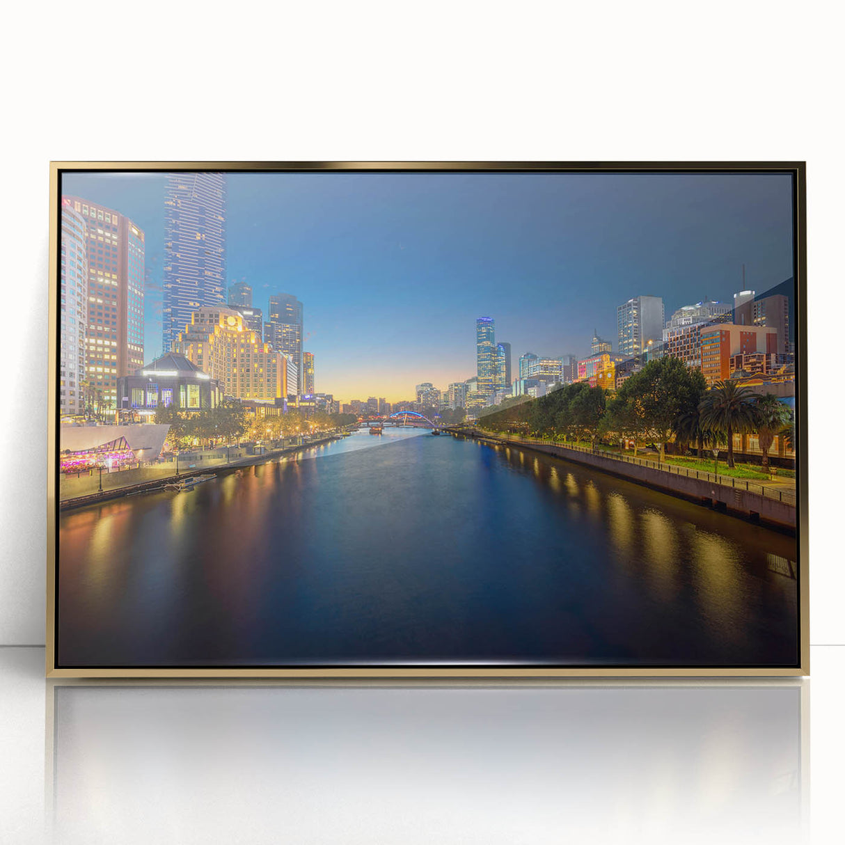 Mid-century modernist art of Melbourne skyline in muted gold tones on a framed acrylic, suitable for nursery wall decor.