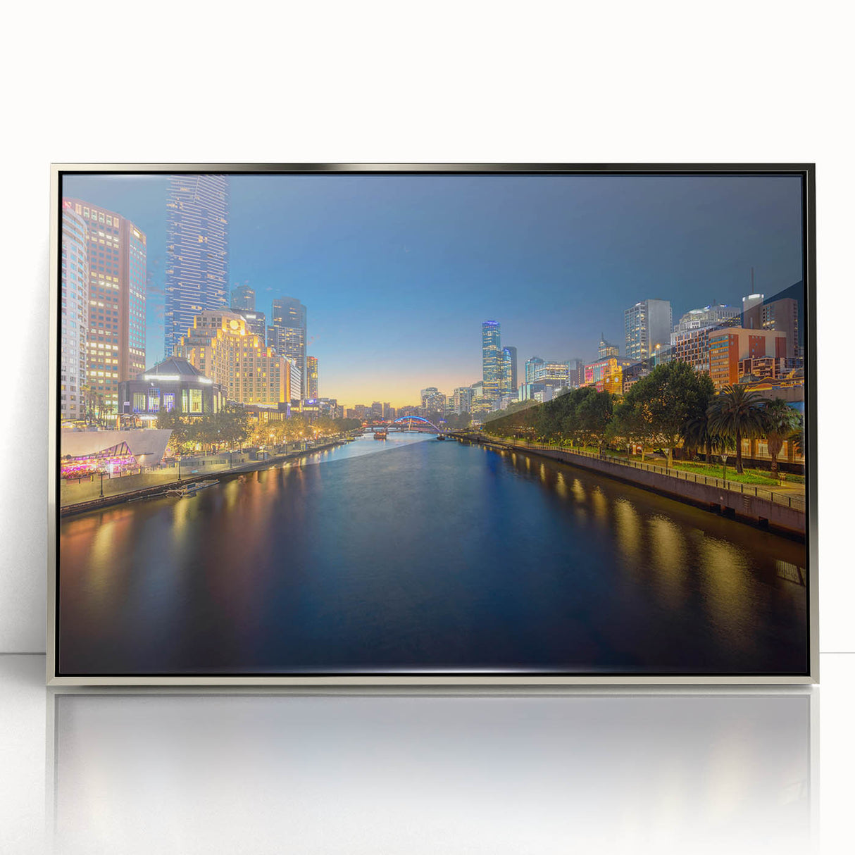 Art deco poster of Melbourne skyline in muted silver tones, framed acrylic print ideal for modern art wall decor.