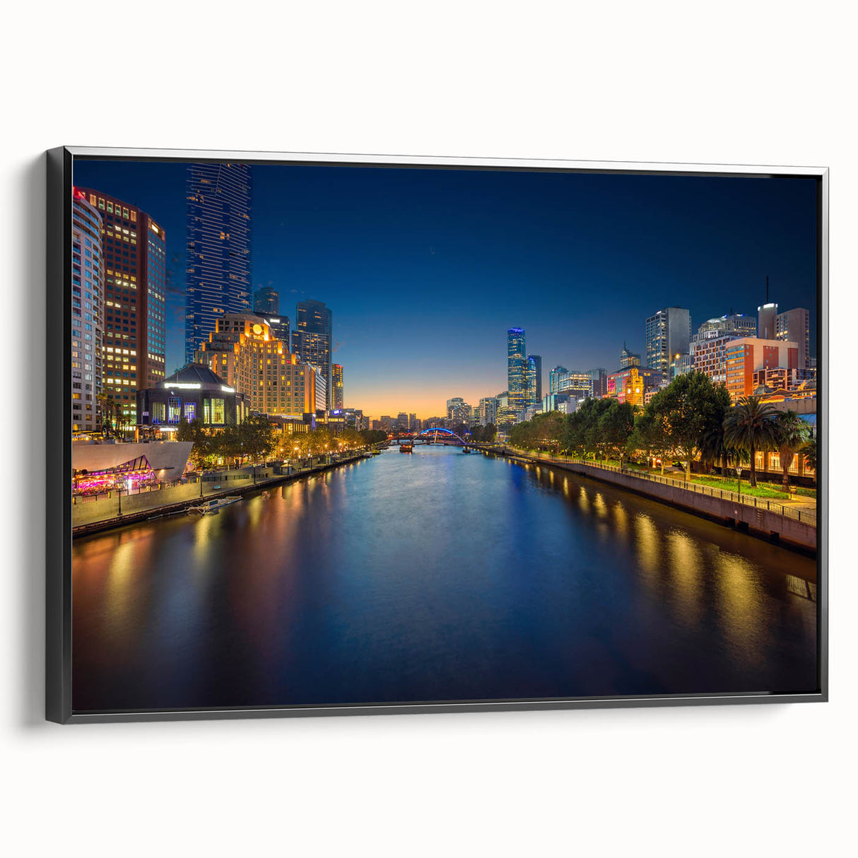 Black and white landscape art painting of Melbourne on framed canvas, ideal for bedroom wall art.