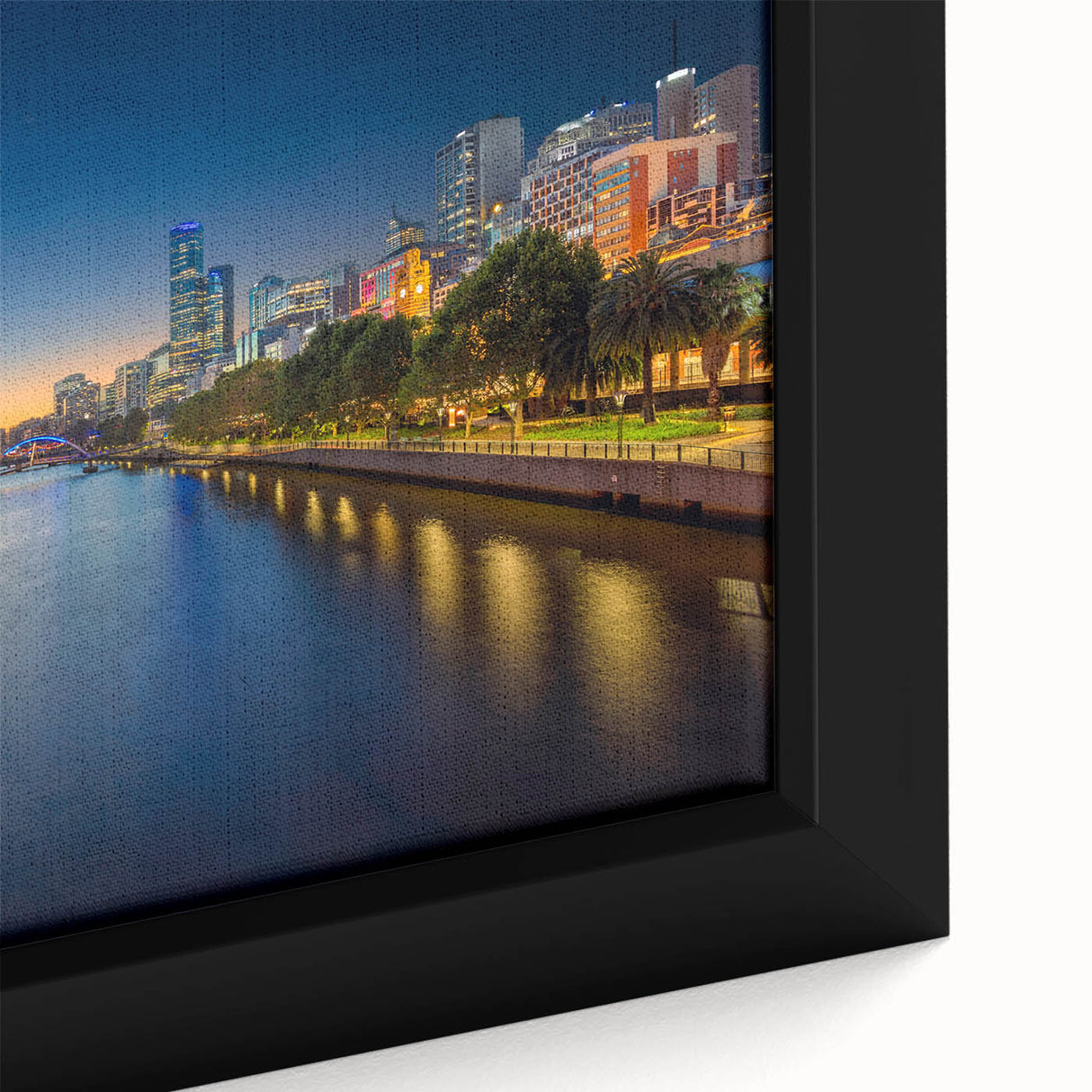 Extra large framed canvas of a textured Melbourne skyline in black with colorful art accents, ideal for living room decor.