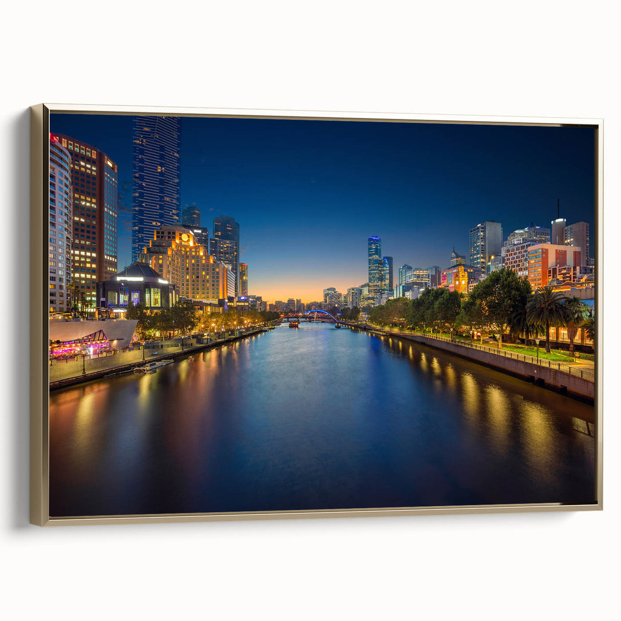 Framed canvas landscape art painting featuring a colorful vintage Melbourne skyline, ideal for office or living room decor.
