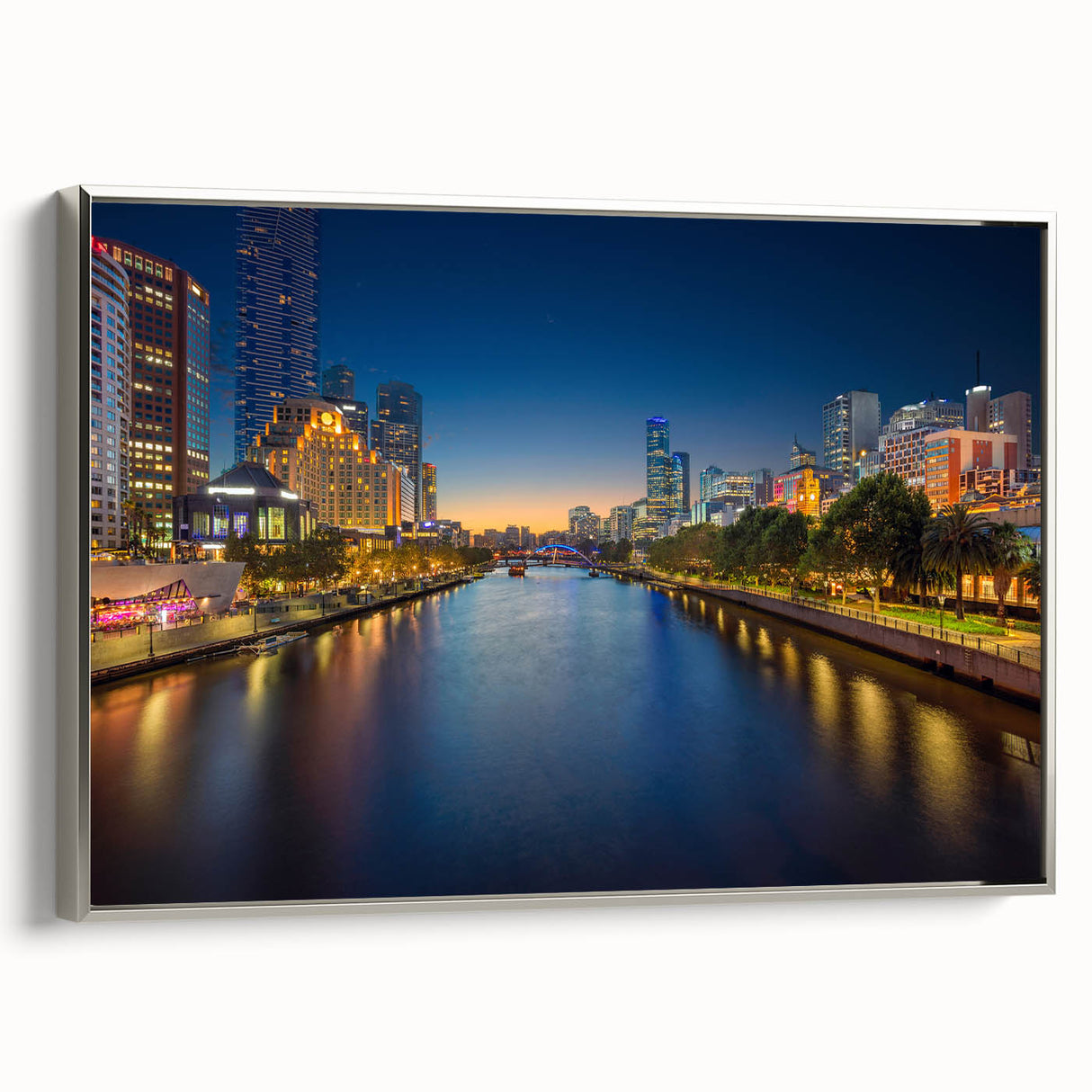Vintage poster art of Melbourne scenery on extra-large framed canvas, featuring colorful art against a black background.
