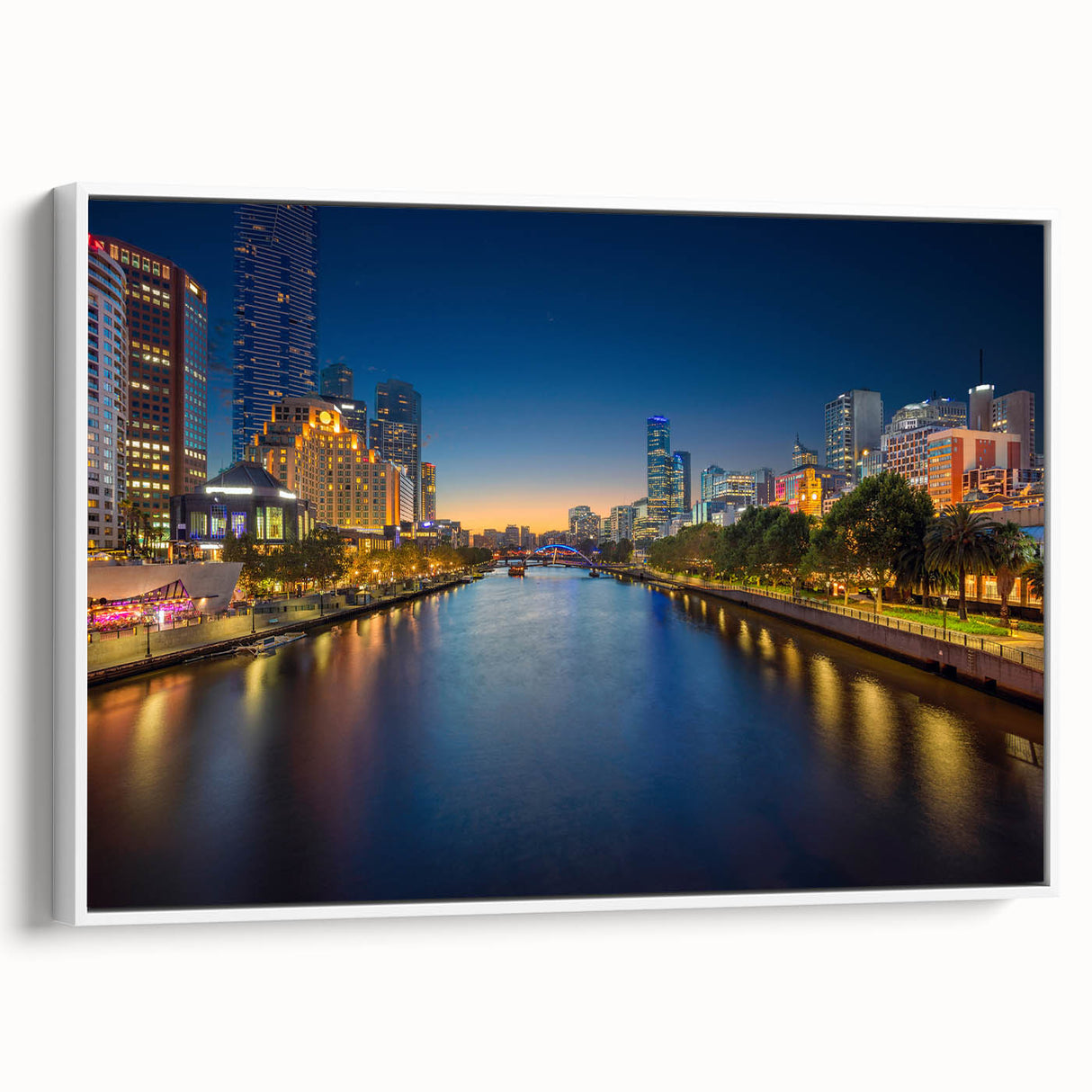 Framed canvas depicting a vintage-style Melbourne landscape in monochrome shades, ideal for bedroom wall art.