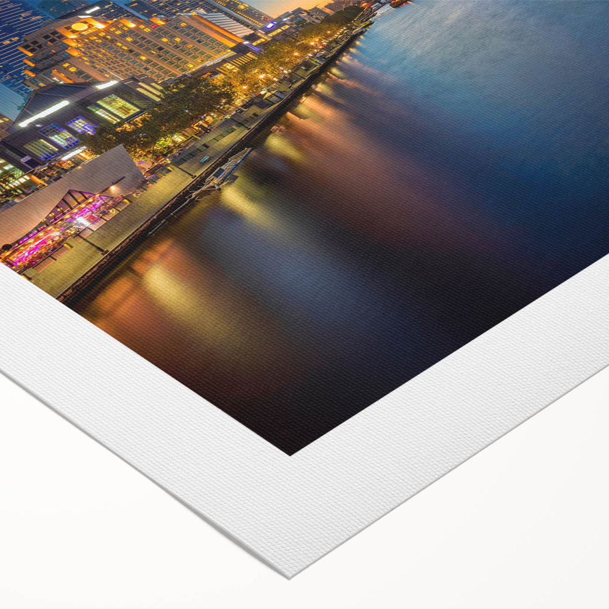Art deco poster of Melbourne skyline in muted metallic colors on rolled canvas, suitable for dining room wall art.