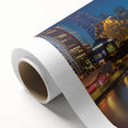 Art deco poster of Melbourne skyline in muted gray and blue tones on rolled canvas, ideal for nursery wall art.