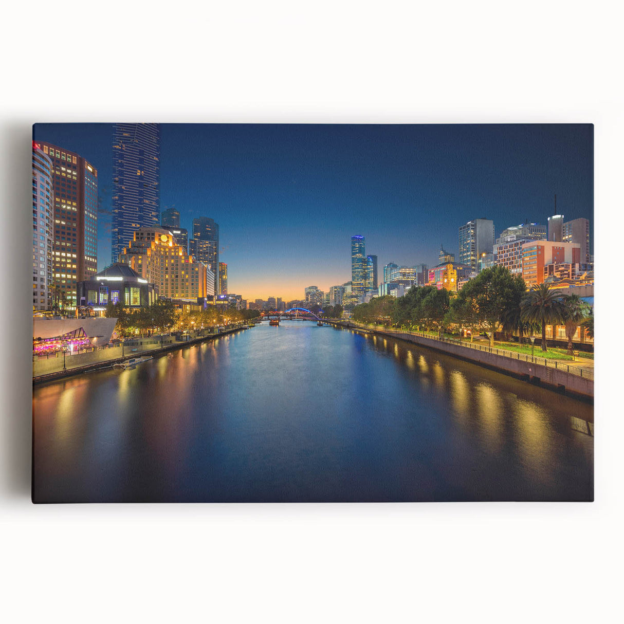 Black and white large art print of Melbourne skyline on stretched canvas, ideal for kitchen wall art.