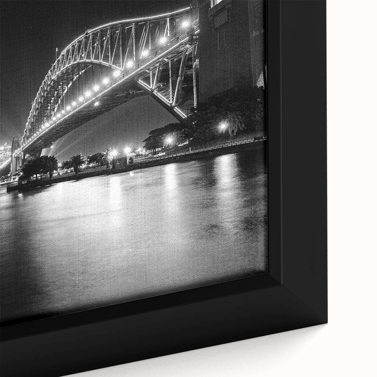 Close-up of textured black wall art featuring colorful Sydney skyline on framed canvas, ideal for living room decor.