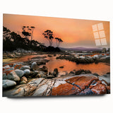 Large abstract wall art depicting a serene Tasmanian landscape in muted earth tones on acrylic glass.