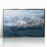 Mid-century modernist art depicting British Columbia scenery in muted earth tones, framed acrylic.