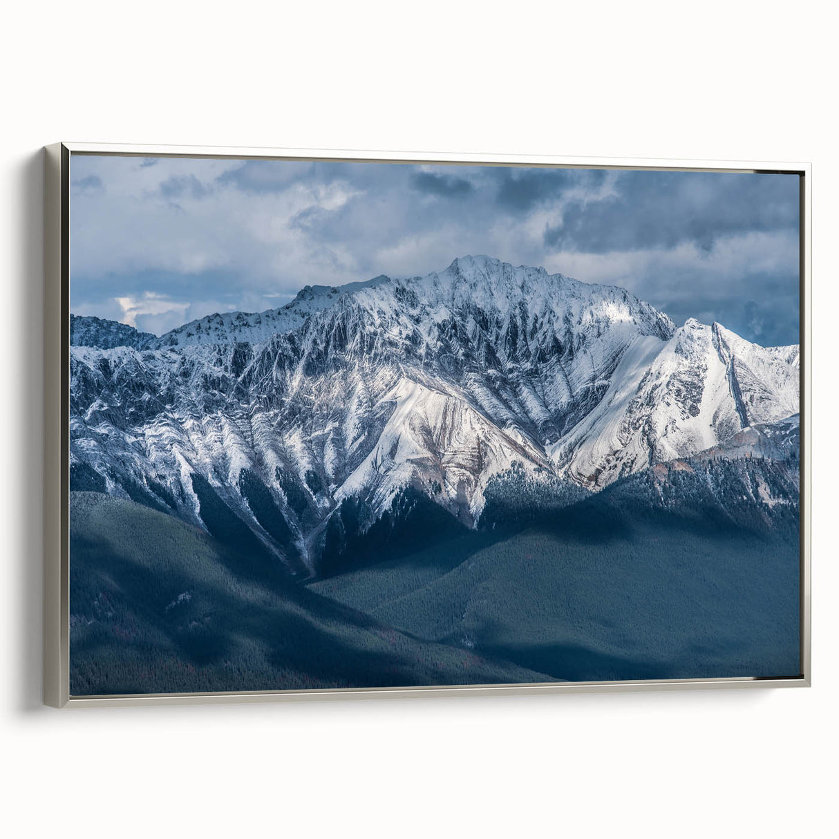 Framed canvas landscape art painting depicting British Columbia scenery with colorful foliage and silver frame.