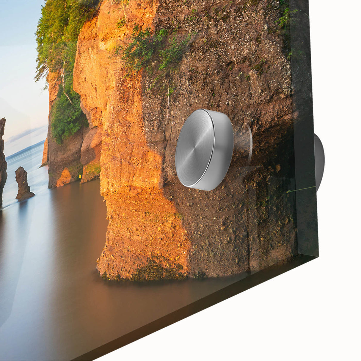 Large abstract wall art depicting a serene New Brunswick landscape in acrylic glass.