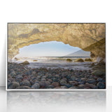 Framed acrylic print of a Newfoundland scenery in muted earth tones, ideal for modern art wall decor.