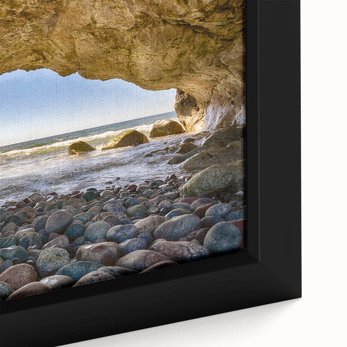 Extra large framed canvas of a textured black wall art depicting colorful Newfoundland scenery, ideal for living room decor.