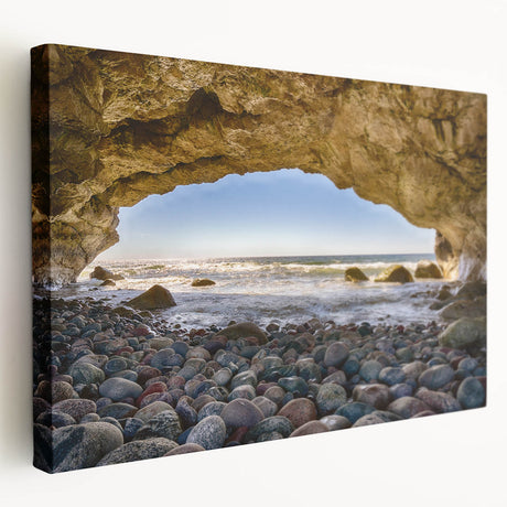 Scenic Newfoundland landscape on large stretched canvas, featuring cool blue and green tones, suitable for kitchen wall art.