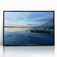 Large abstract wall art depicting the Northwest Territories under a twilight sky, in a black framed acrylic.