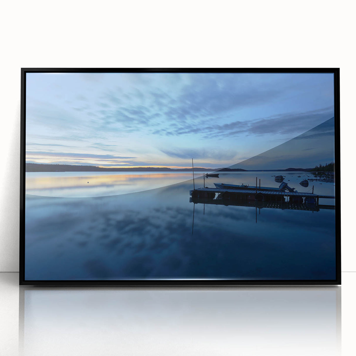 Large abstract wall art depicting the Northwest Territories under a twilight sky, in a black framed acrylic.