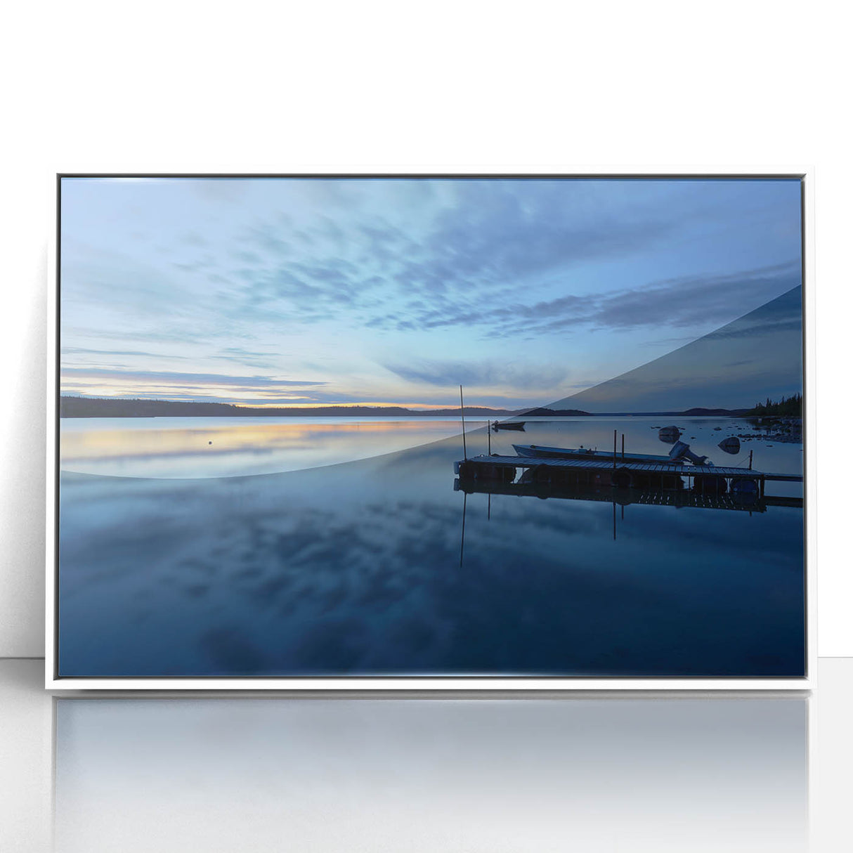 Acrylic print of a serene Northwest Territories landscape, framed in white, suitable as modern art wall decor.