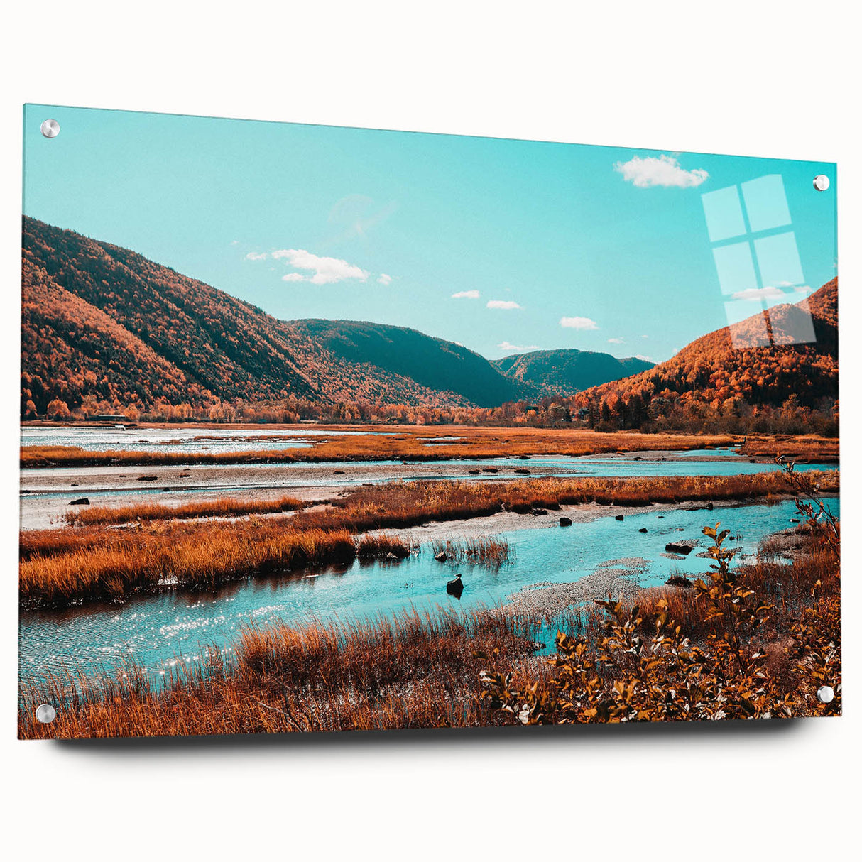 Acrylic print of a Nova Scotia landscape in muted blue and green tones, suitable for bedroom or dining room decor.