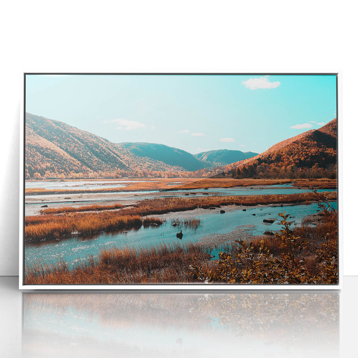 Acrylic print of a serene Nova Scotia landscape in soft pastel colors, framed in white.