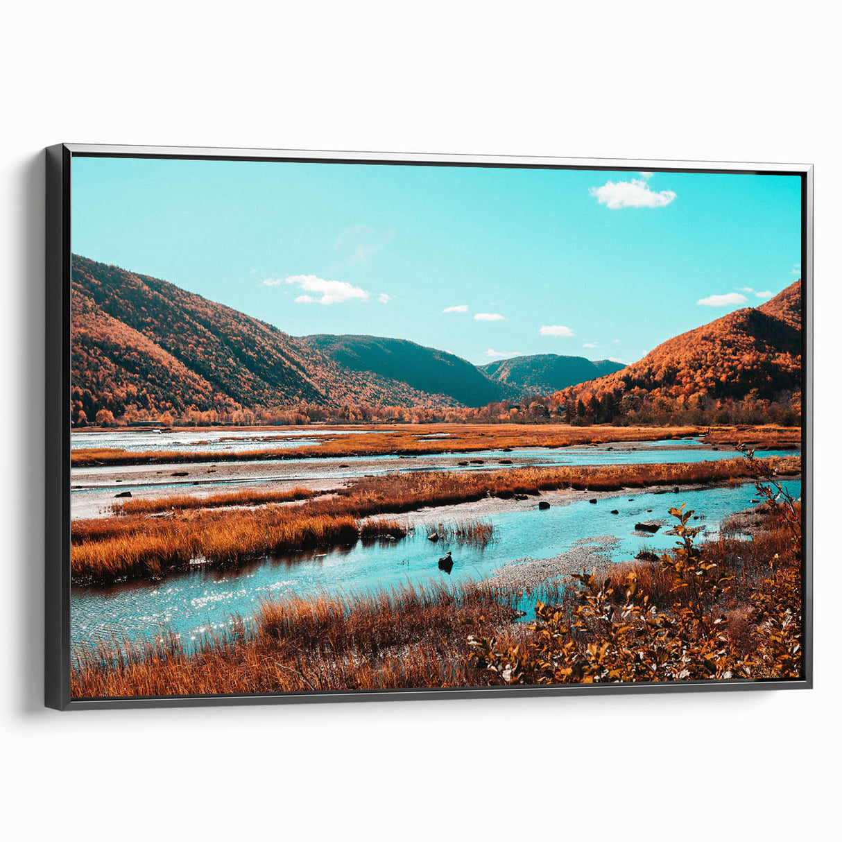 Black and white framed canvas of Nova Scotia landscape, ideal for bedroom wall art with vintage poster style.