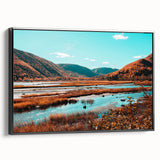 Black and white framed canvas of Nova Scotia landscape, ideal for bedroom wall art with vintage poster style.