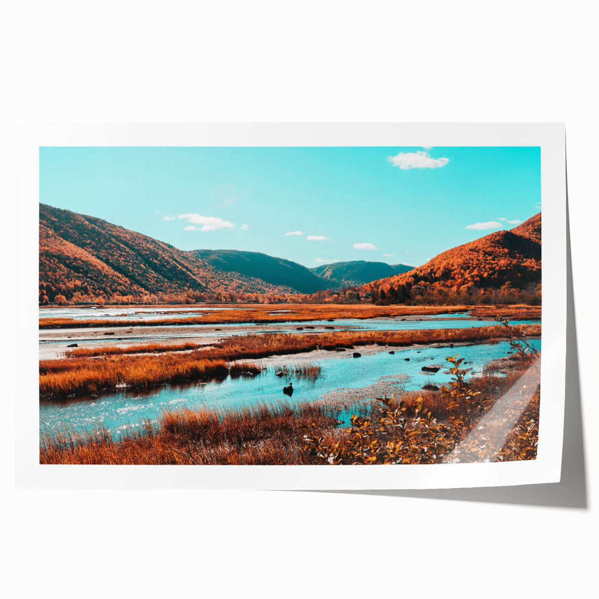 Extra large rolled print of Nova Scotia scenery with vibrant green and blue tones, ideal for dining room wall art.