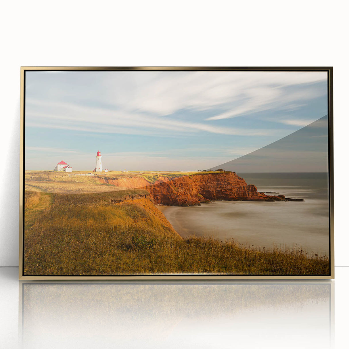 Mid-century modernist acrylic print of Quebec scenery in gold frame, ideal for modern art wall decor.