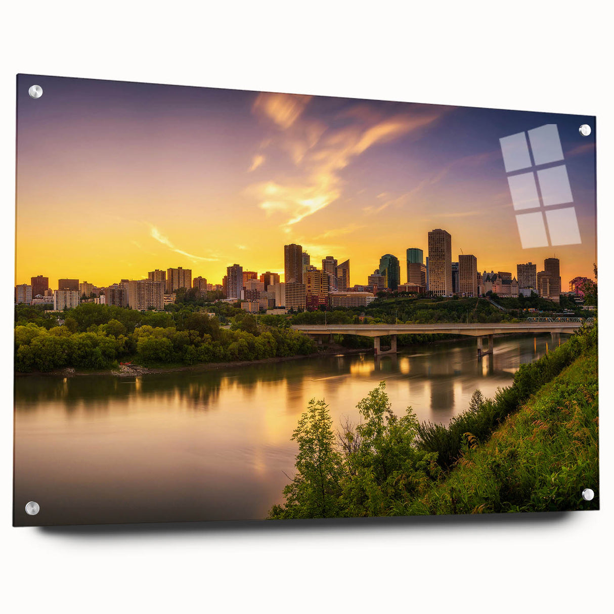 Large abstract wall art of a Saskatchewan scenery on acrylic glass, with vibrant green and blue tones.