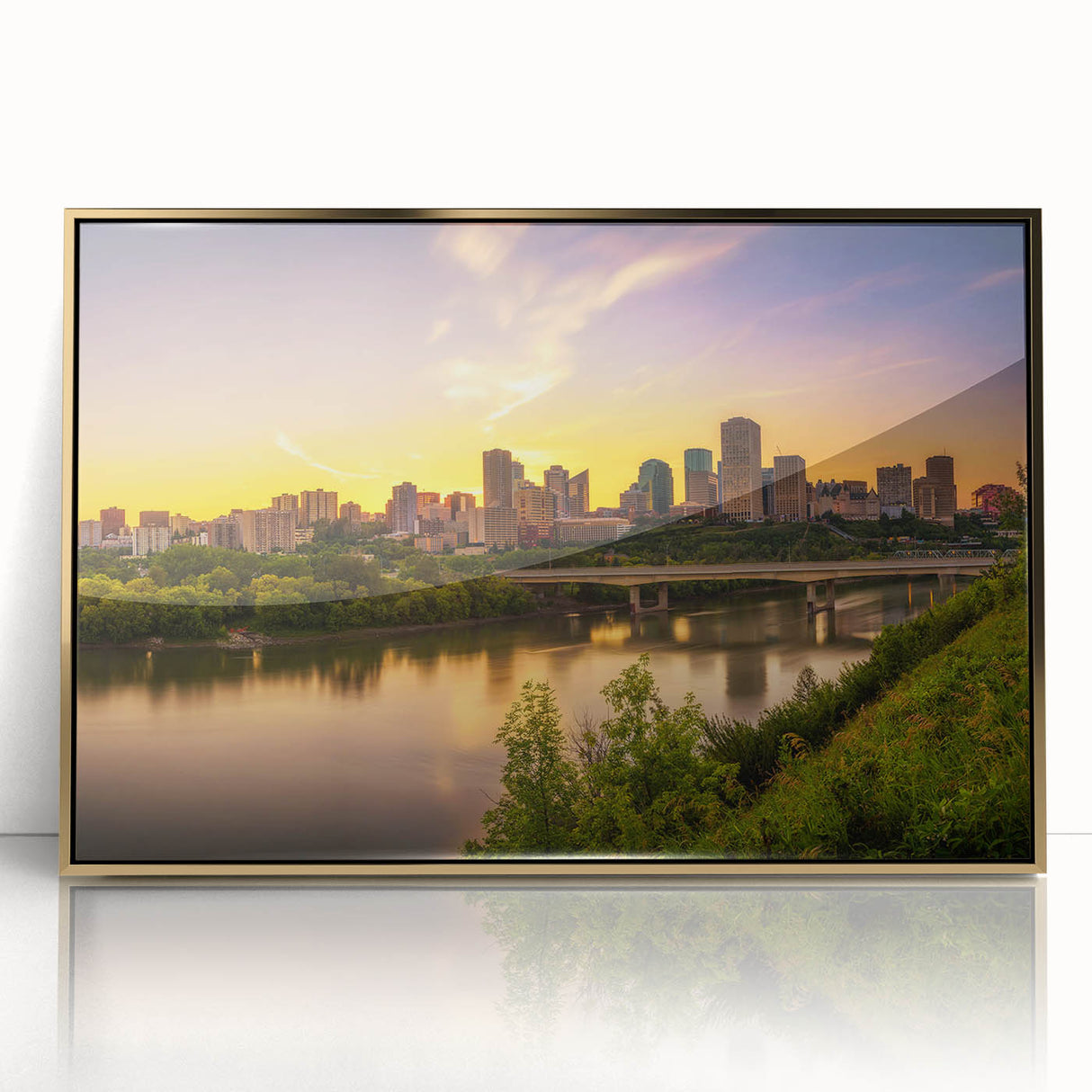 Acrylic print of a Saskatchewan landscape in muted earth tones, framed in gold, suitable for modern art wall decor.
