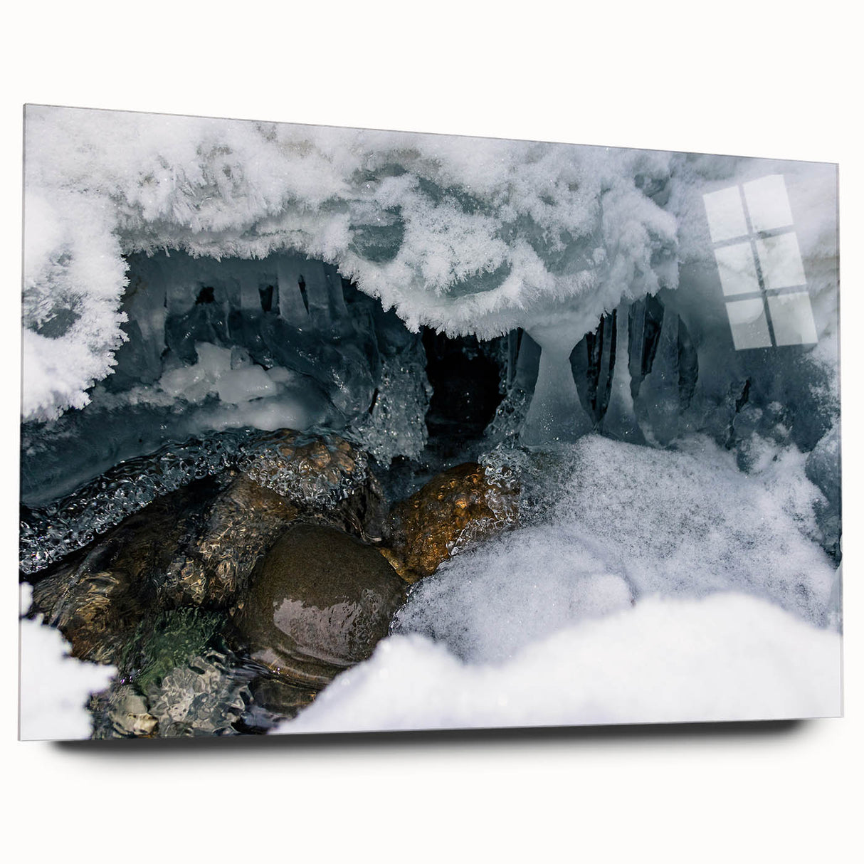 Large abstract depiction of Yukon scenery in muted earth tones on acrylic glass, suitable for bedroom or dining room art.