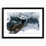 Extra large abstract art print of a colorful Yukon scenery on textured canvas, framed in black, ideal for living room decor.