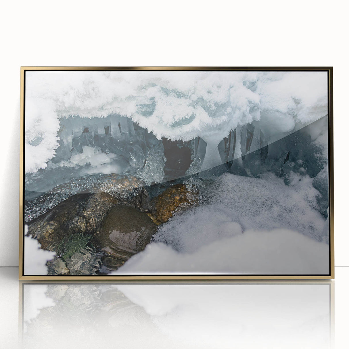 Large art print of Yukon scenery in gold frame, acrylic, mid-century modernist style, ideal for modern art wall decor.