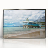 Large art print of a Caribbean scenery in Antigua, in a silver-framed acrylic, featuring mid-century modernist style.
