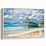 Vintage poster art of a Caribbean scenery on a framed canvas, featuring vibrant colors, ideal for living room decor.