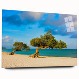 Large abstract wall art of Caribbean scenery in vibrant blue and green tones on acrylic glass.