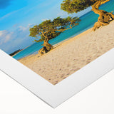 Art deco poster of a Caribbean Aruba scenery in vibrant blue and green hues on rolled canvas, ideal for dining room wall art.