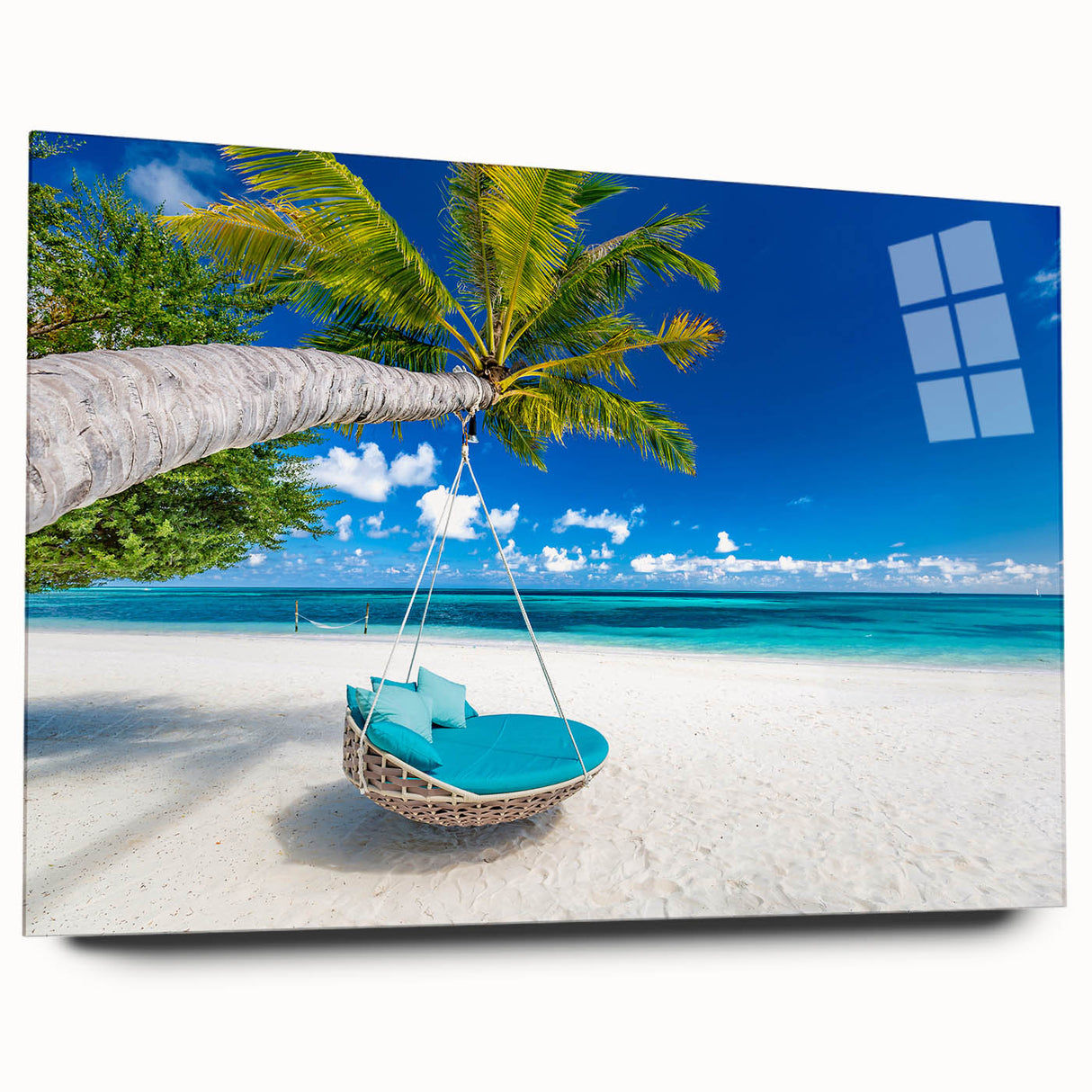 Large abstract acrylic print featuring vibrant ocean and sky in shades of blue and turquoise.