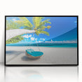 Large abstract wall art depicting a Caribbean seascape in vibrant blue tones, framed in black acrylic.