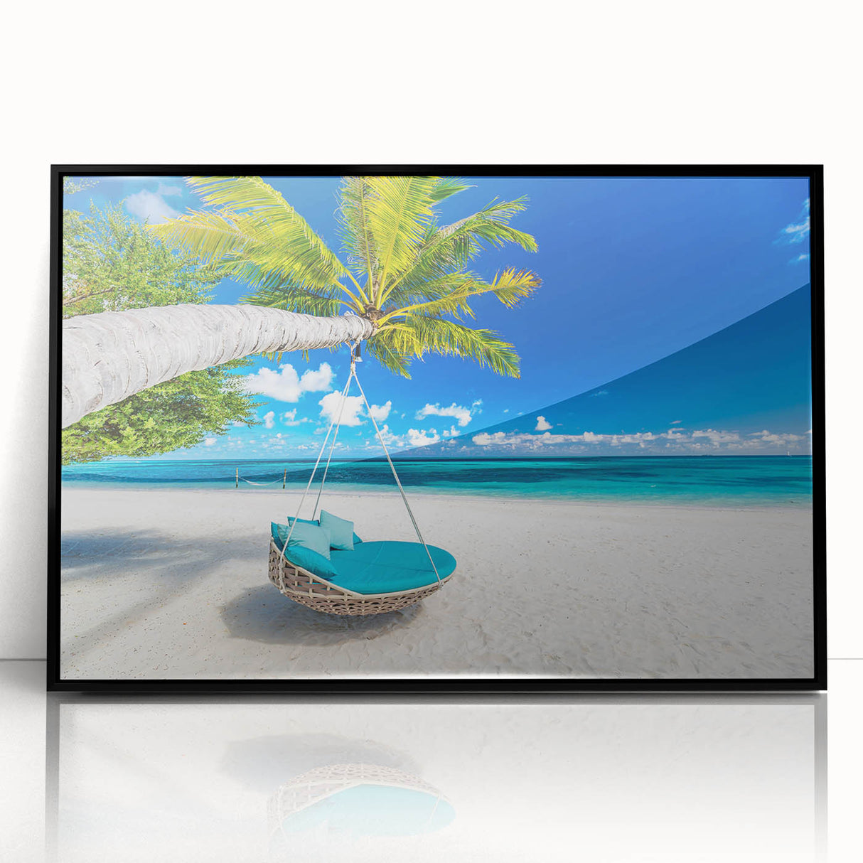 Large abstract wall art depicting a Caribbean seascape in vibrant blue tones, framed in black acrylic.