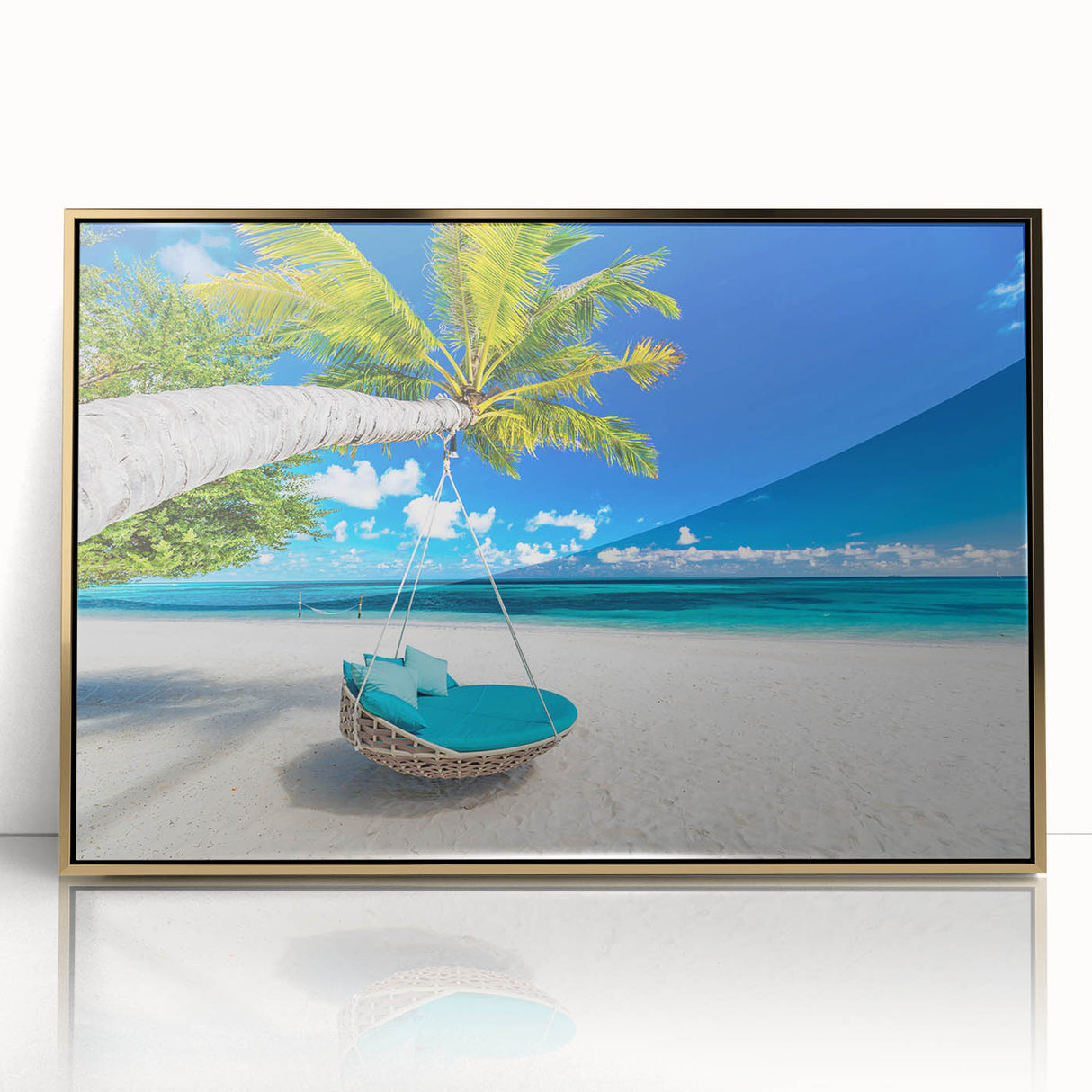 Art Deco poster of Caribbean Bahamas scenery in muted turquoise and gold, acrylic framed, suitable for modern nursery decor.