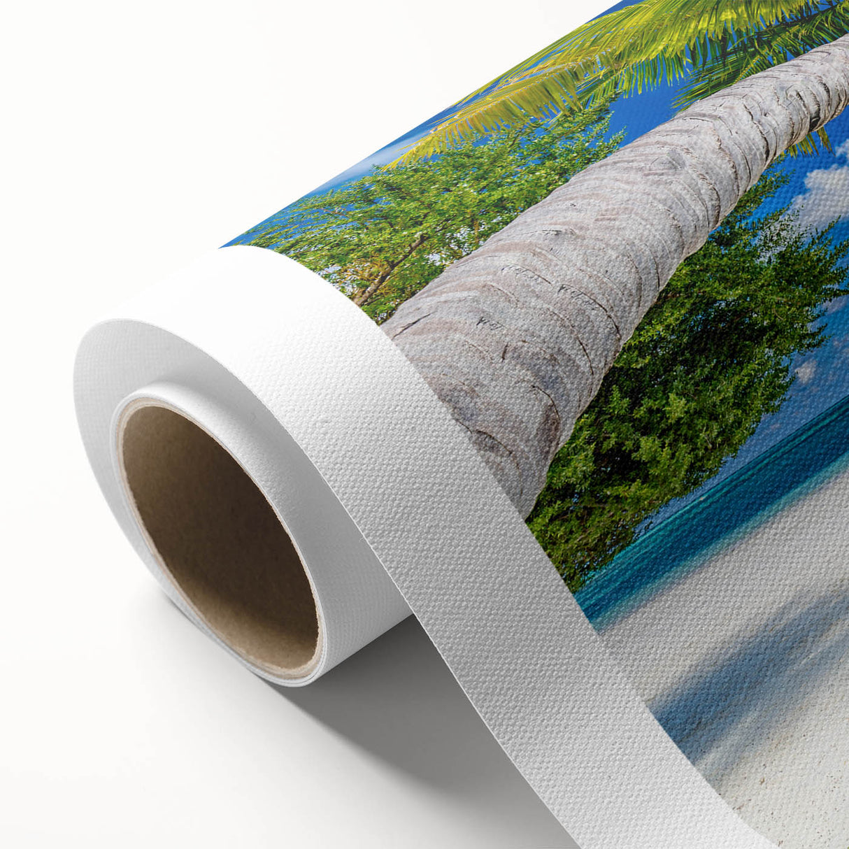 Art Deco style poster featuring a serene Caribbean beach scene in soft pastel colors on rolled canvas.