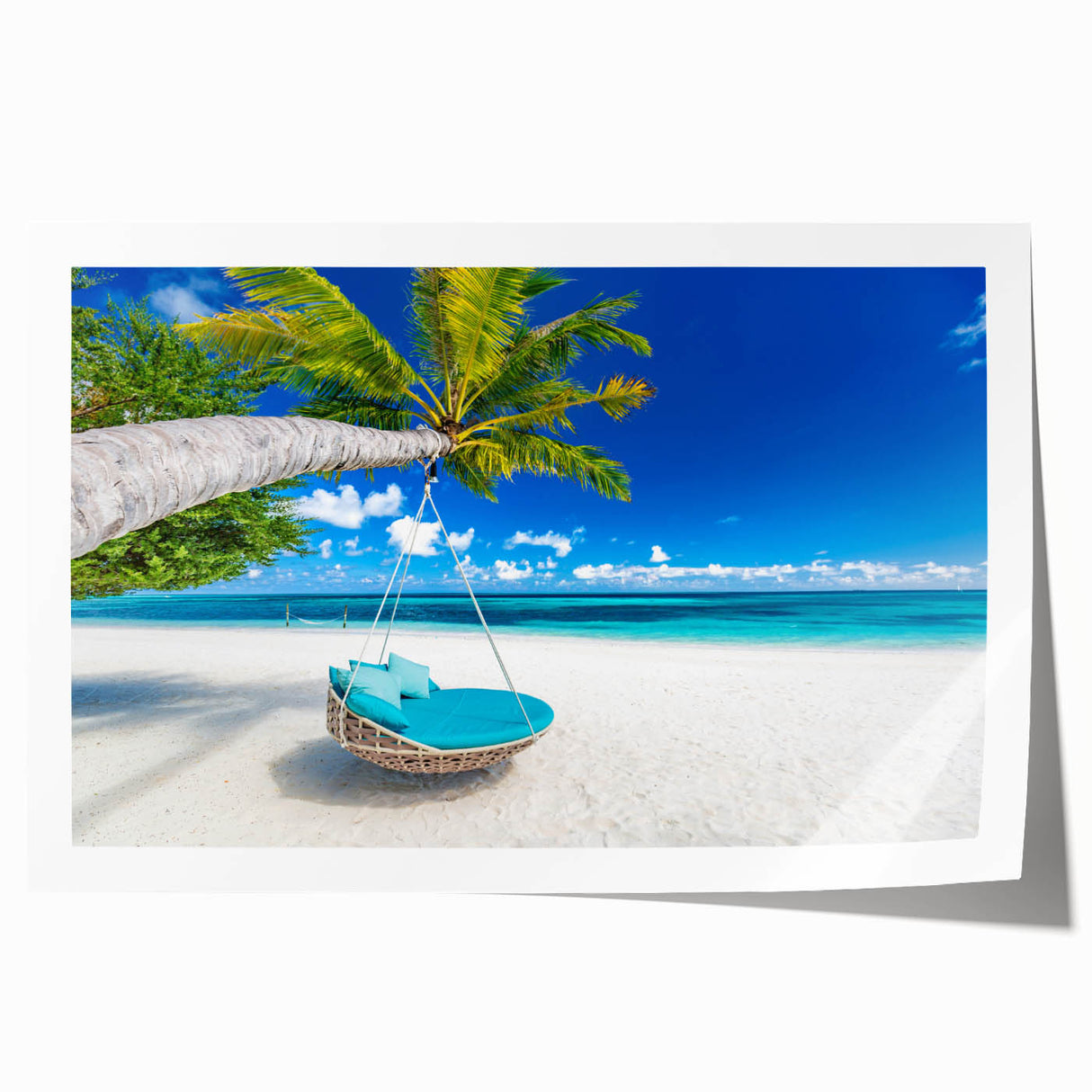 Rolled print of a Caribbean beach scenery with vibrant blue and sandy hues, ideal for art wall dining room.