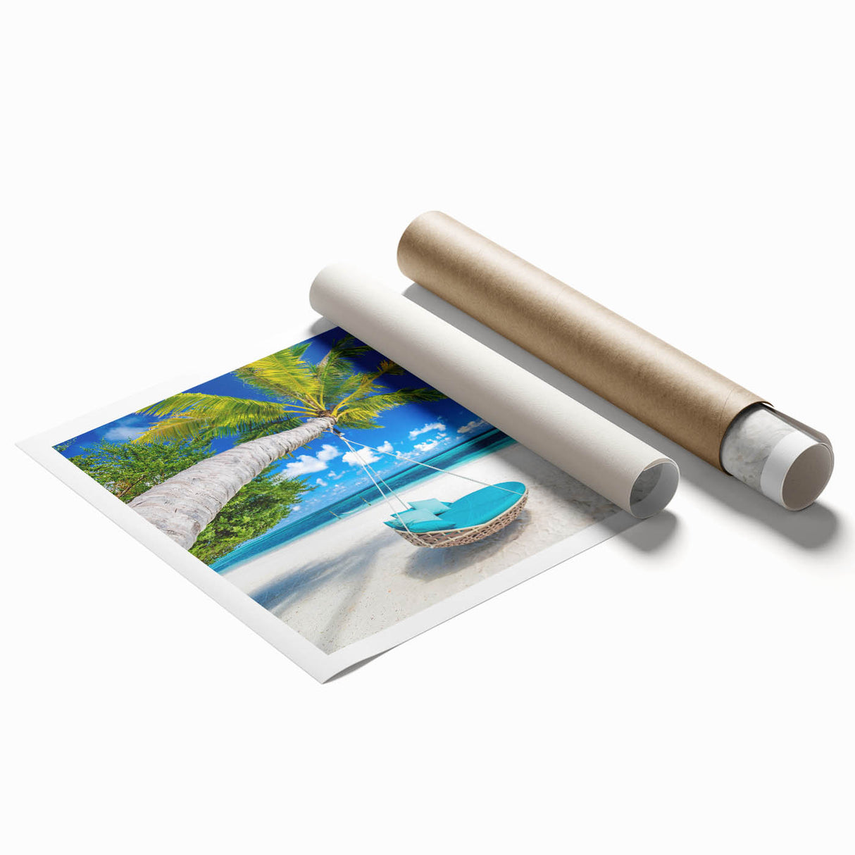 Extra large rolled print of a serene Caribbean beach scene in muted blues and greens, suitable for classy bathroom wall art.