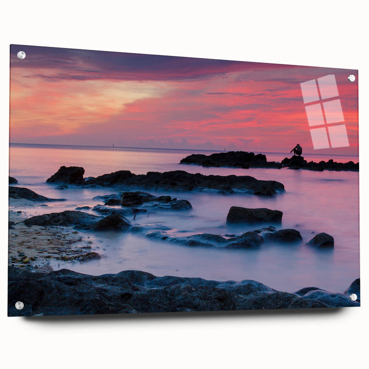 Abstract Caribbean scenery on large acrylic glass, featuring blue and green hues, suitable for bedroom or dining room decor.