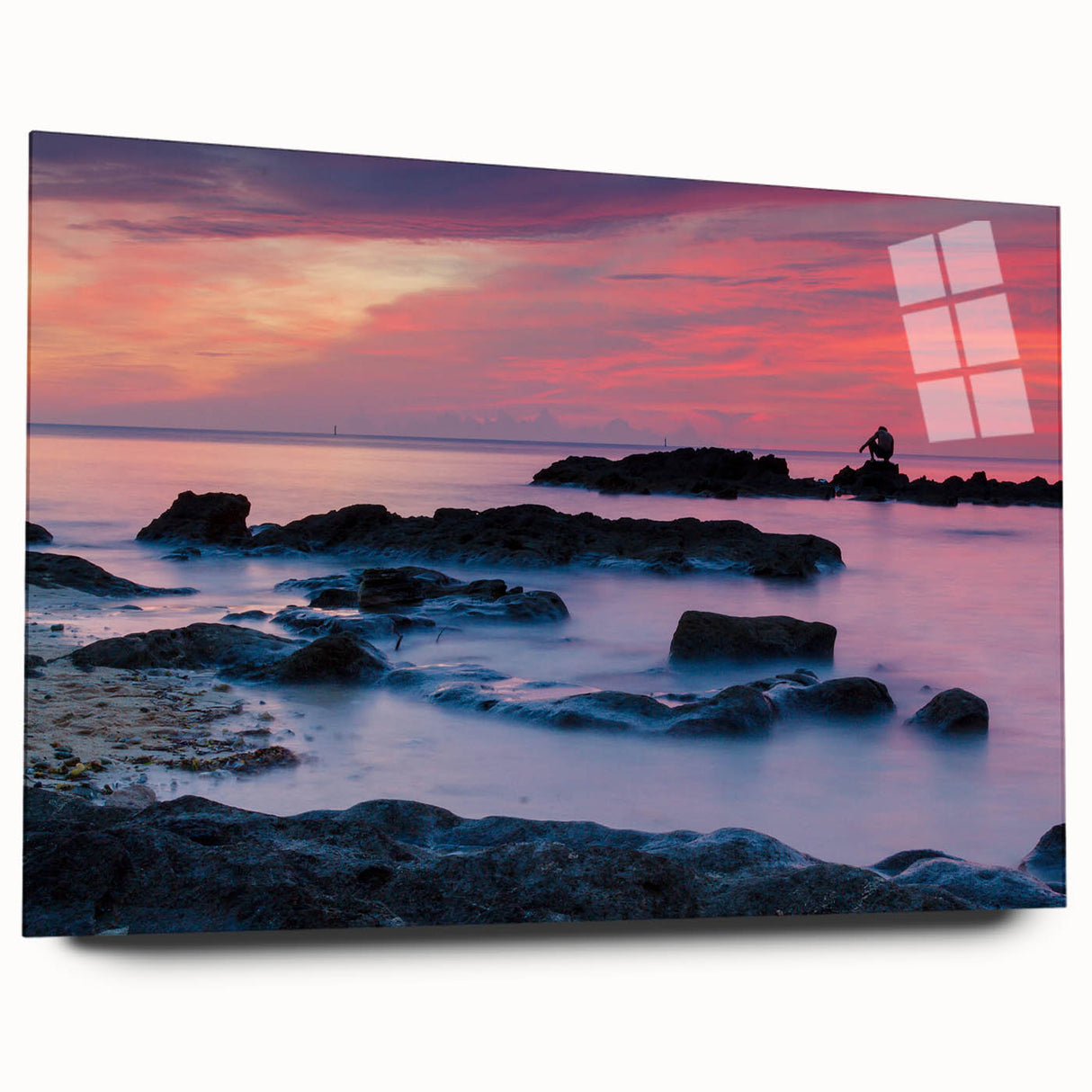Large abstract wall art of Caribbean scenery in vibrant blue and green hues on acrylic glass.