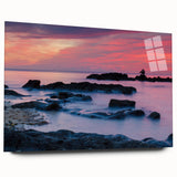 Large abstract wall art of Caribbean scenery in vibrant blue and green hues on acrylic glass.