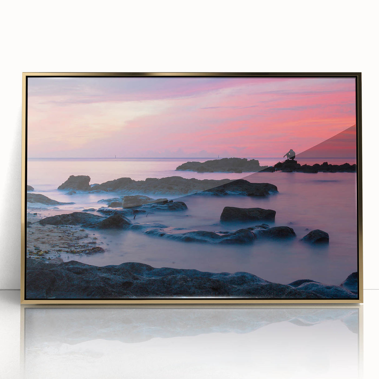 Art Deco style poster of a Caribbean scenery in muted gold and blue tones, framed acrylic.